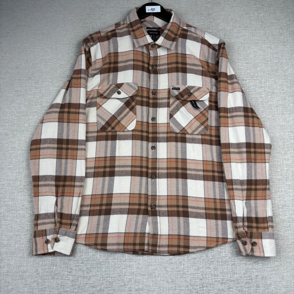 Brixton Bowery Mens Large Brown Plaid Flannel Long Sleeve Button Down Shirt NEW